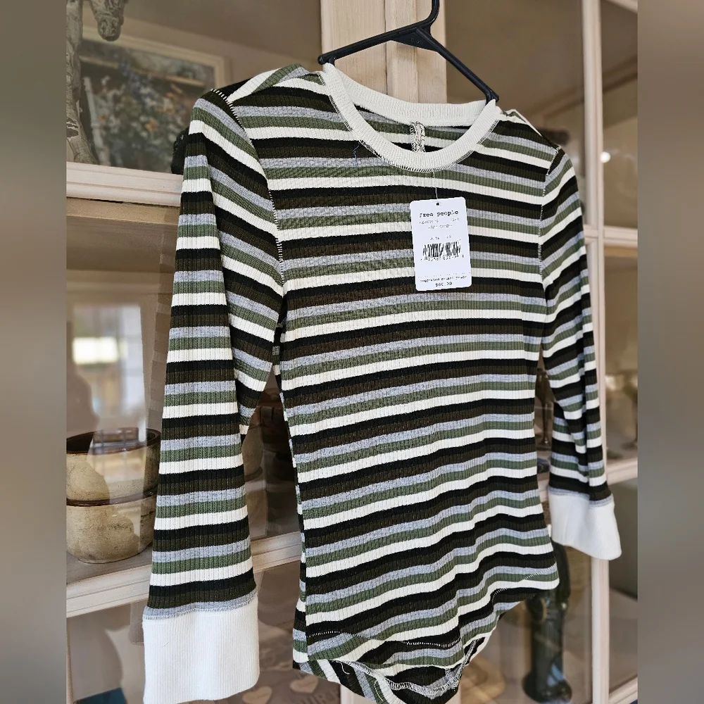 NWT Free People Good on You Army Green Stripe Round Hem Ribbed Tee Top